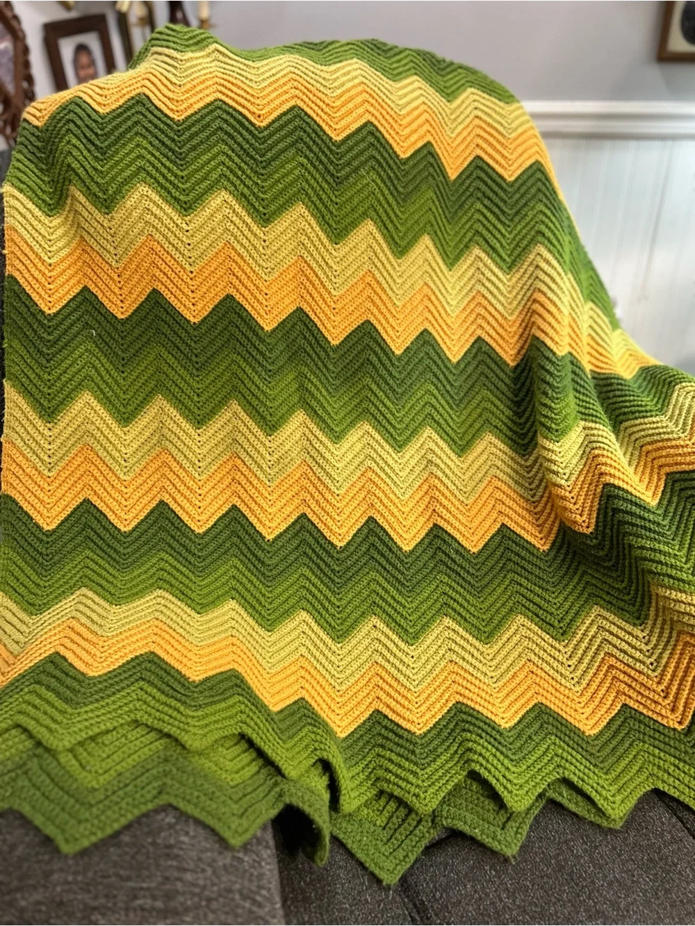 Handmade Crochet Chevron Afghan Blanket Green Yellow 49x88 Retro